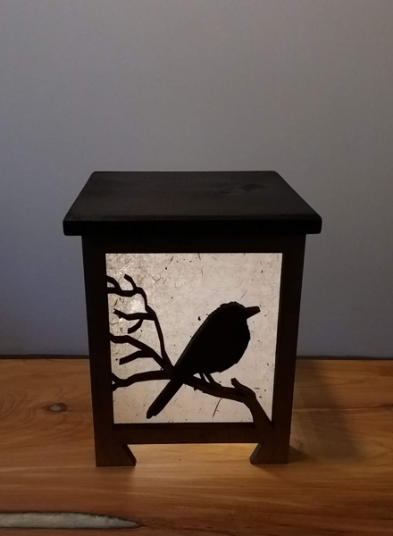 Shoji lamp with a wren bird design